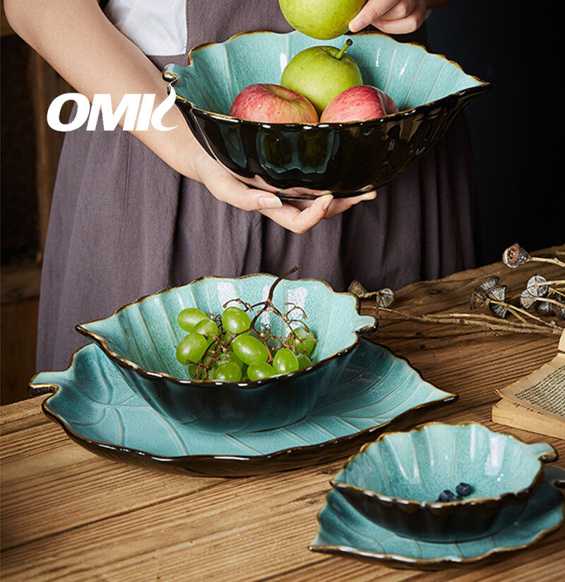 OMK Japanese Style Stoneware Leaf Shaped Salad Bowl Fruit Plate Ceramic Tableware Set