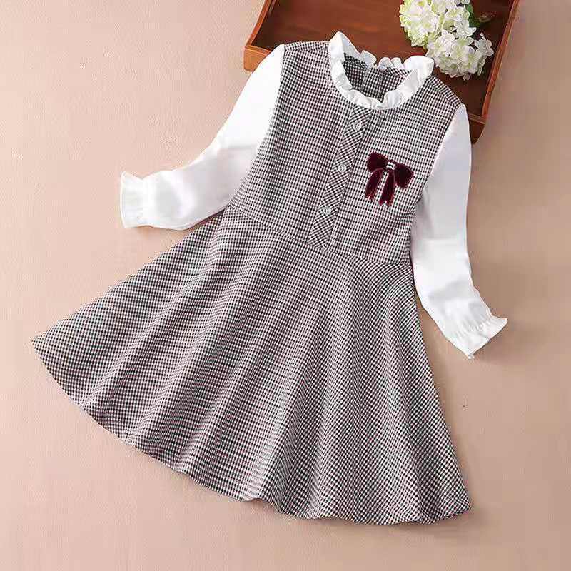 Girls' Dress Long Sleeve Fake Two Piece Dress 2022 Spring Fashion New Spring and Autumn Girls' Princess Dress Lotus Collar Lace Collar New Plaid Dress