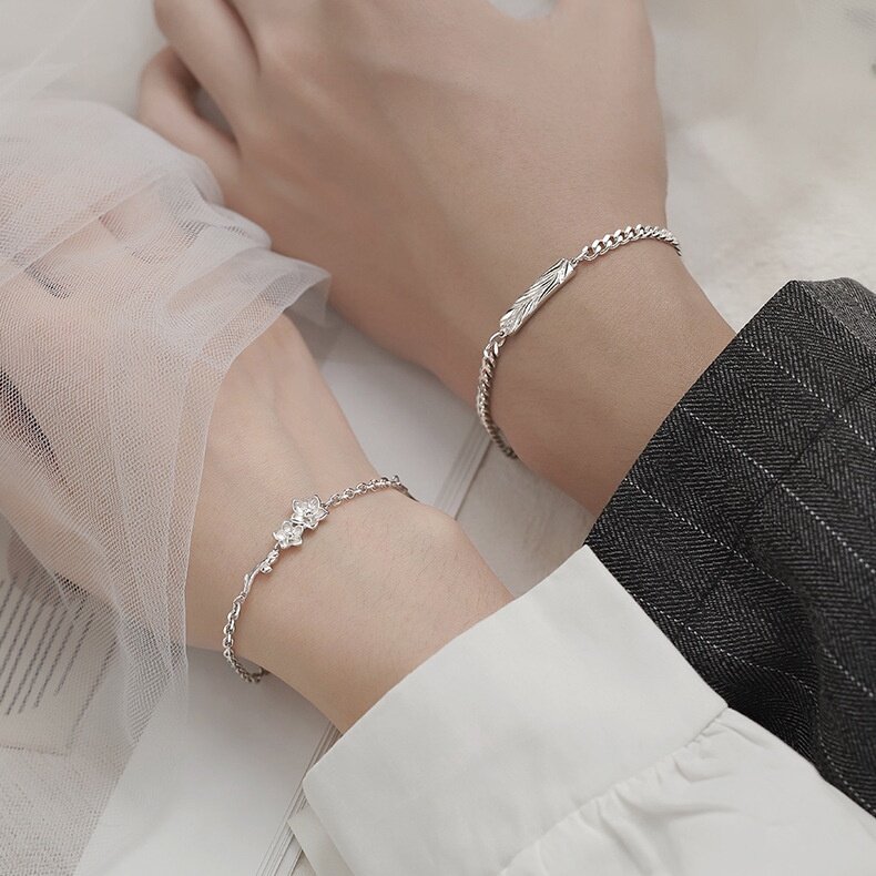 Thanh lịch phong cách đơn giản quên-me-không hoa mặt dây chuyền hình lá Bangles titan bạc thép nam nữ thời trang đôi trang sức vòng đeo tay