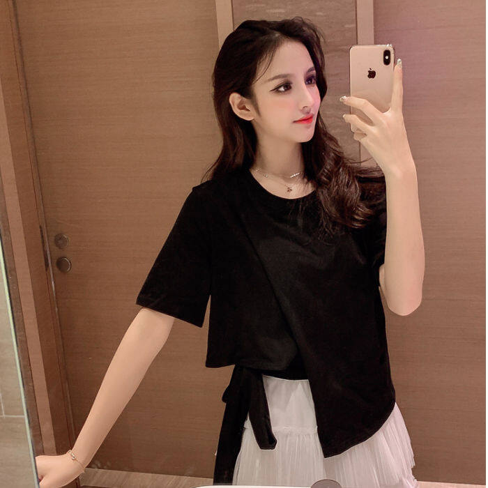 MSBEST 2020 Retro Irregular Side Bandage Cloth T-shirt WOMEN Short Sleeved Loose Tops