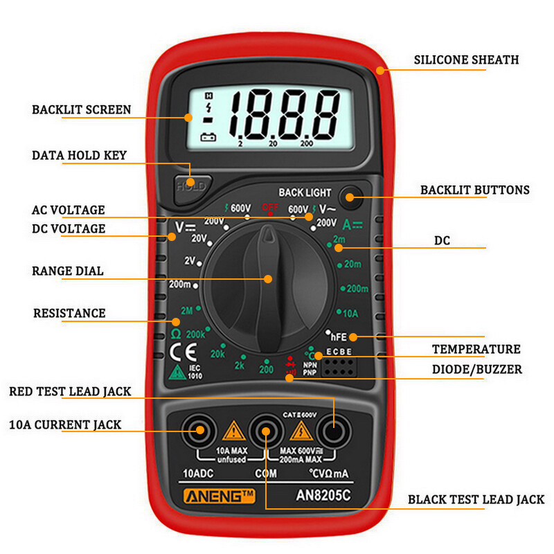 Ampe Kế AC/DC Đồng Hồ Đo Điện Áp Ohm Multimetro Có Cặp Nhiệt Điện, Đèn Nền LCD AN8205C-INTL