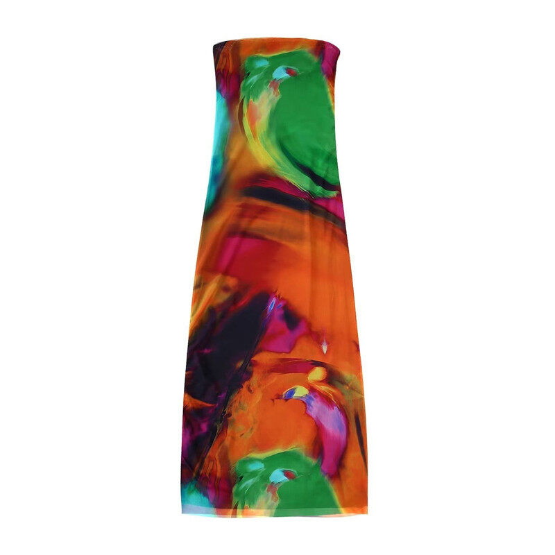 Women Off-shoulder Mesh Dress Summer Tie-dye Sleeveless Backless Long Party Dress Beach Streetwear