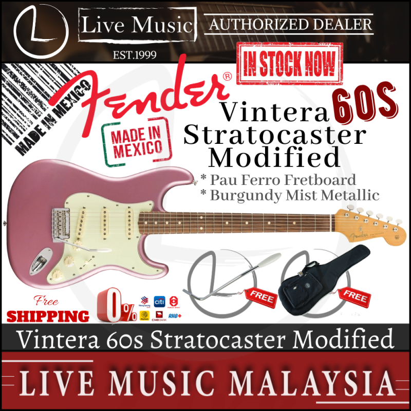 Fender Vintera 60s Stratocaster Modified Electric Guitar, Pau Ferro Fretboard with Bag - Burgundy Mist Metallic Malaysia