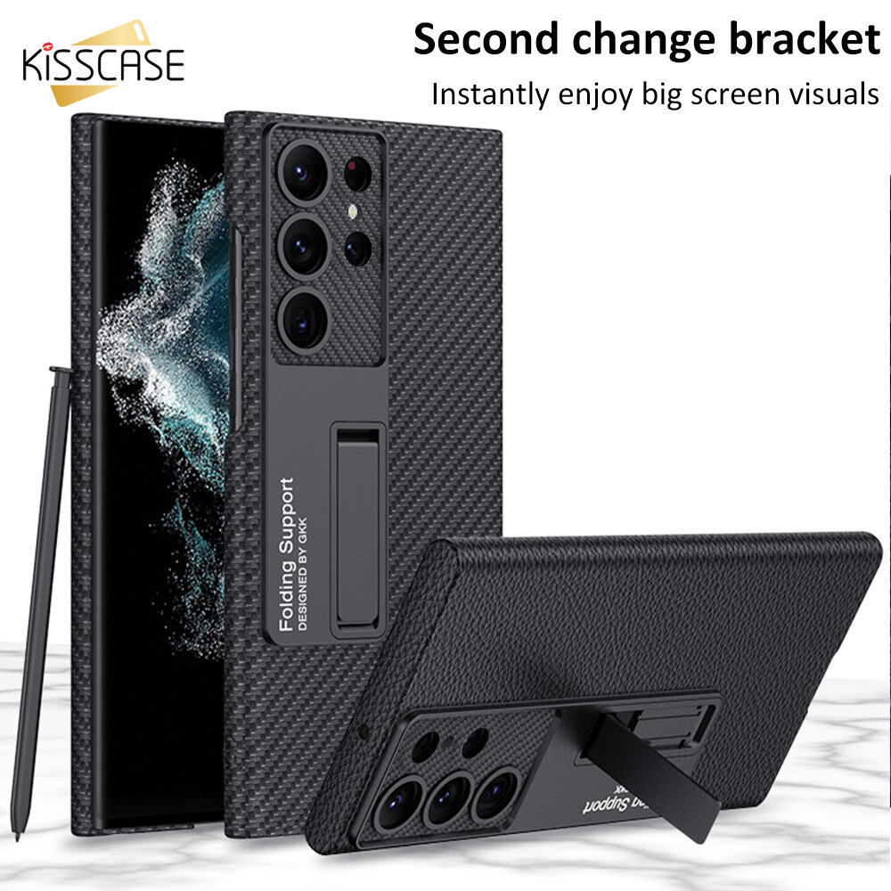 KISSCASE Plain Leather Holder Stand Phone Case for Samsung Galaxy S23 Ultra Case Camera Lens All-inclusive Protective Cover for Samsung S23Ultra Hot Sell New Shockproof Back Cover