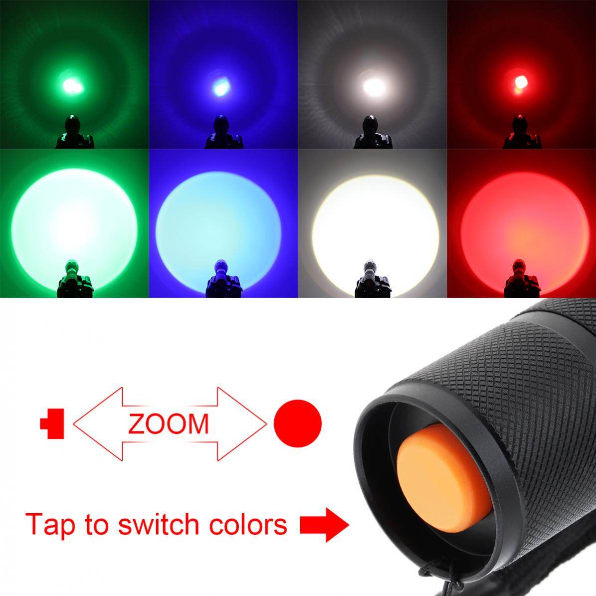 A100 4 Light Modes Red Green Blue White Light LED Flashlight with Adjustable Focus Waterproof for Camping / Hiking / Fishing