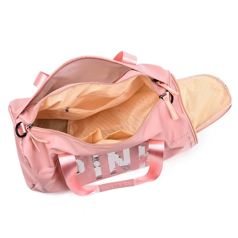 New Sequins Pink Gym Bag Women Shoe Compartment Waterproof Sport Bags