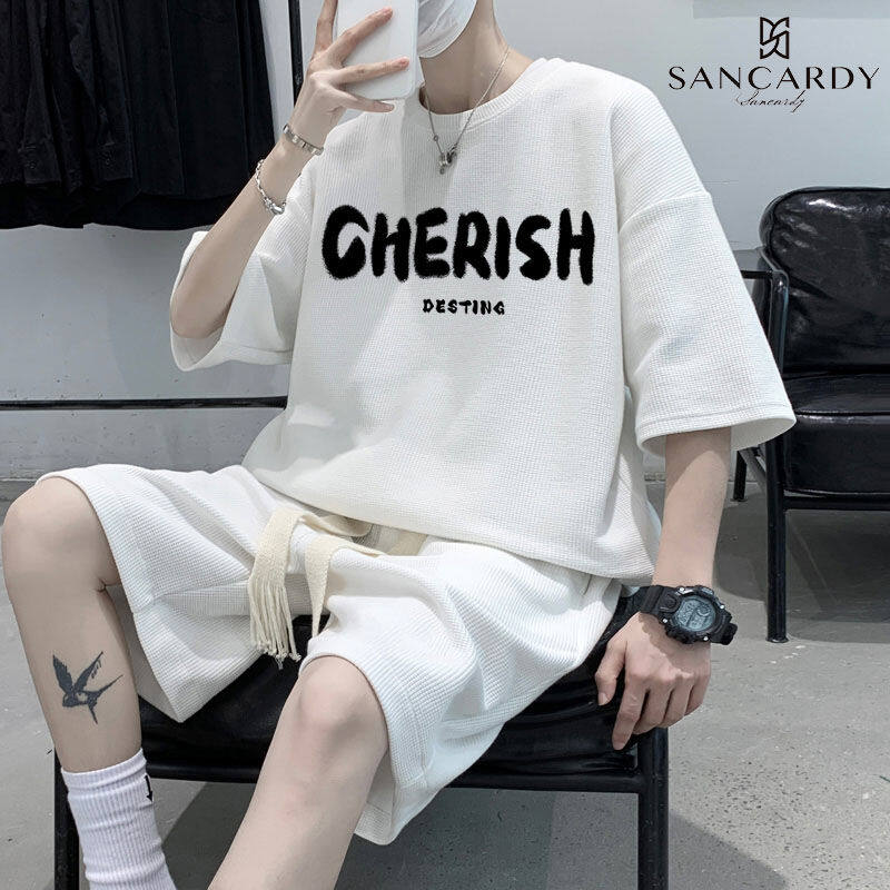 Ins Waffle short sleeve tshirt + shorts for men oversized Korean style casual two-piece set