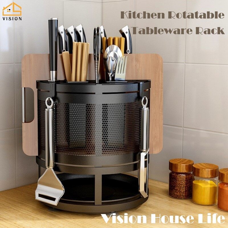 Vision Stainless Steel Kitchen Rack Rotatable Kitchen Shelf Chopsticks Barrel Chopping Board Kitchen Storage Rack Multifunctional Tableware Storage Shelf