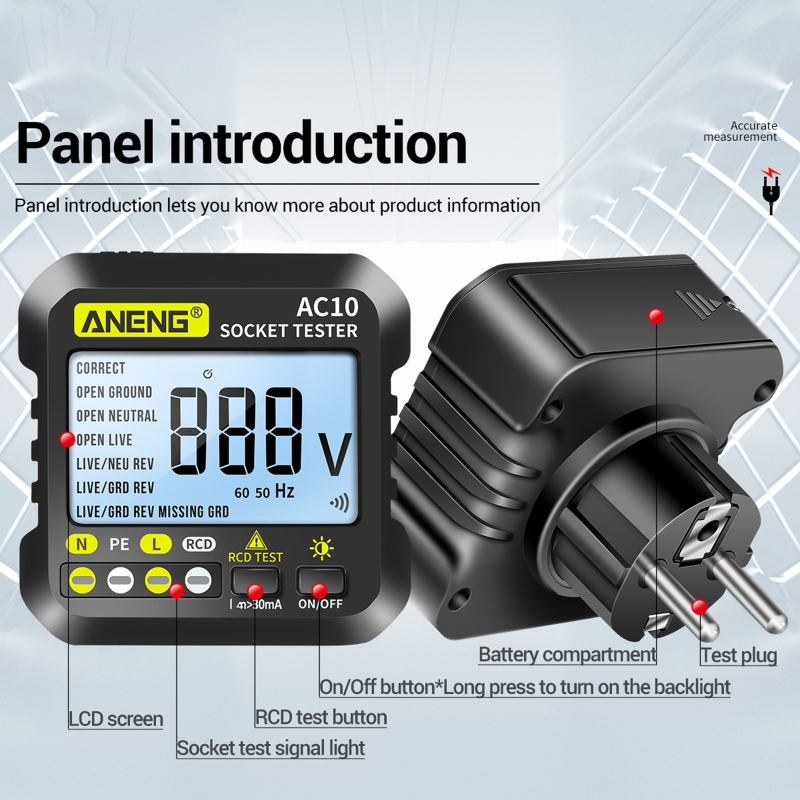 ANENG AC10 Socket Tester Plug Detector Zero Line Plug Polarity Phase Check Phase Detector US/EU Plug Multimeter Digital Tester