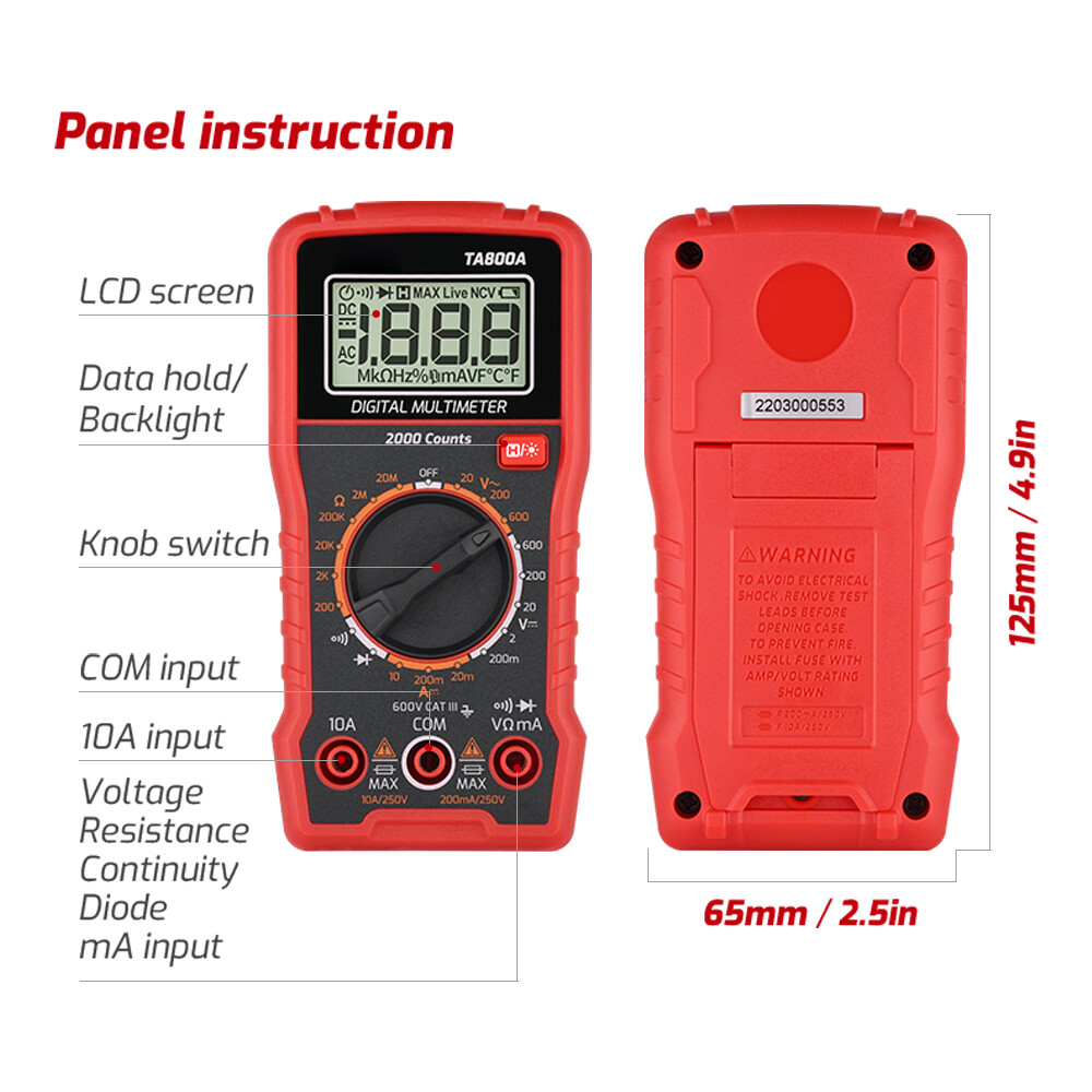 TA800A 600V Digital Multimeter with DC AC Voltmeter and Ohm Volt Amp Tester Measures Voltage Current Resistance Tests Live