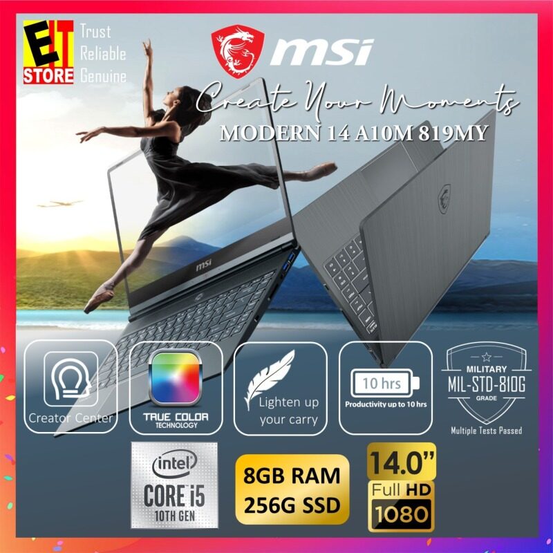 MSI MODERN 14 A10M 819MY CREATION LAPTOP -CARBON GREY (I5-10210U/8GB/256GB SSD/14 FHD/W10/1YR INTERNATIONAL) Malaysia