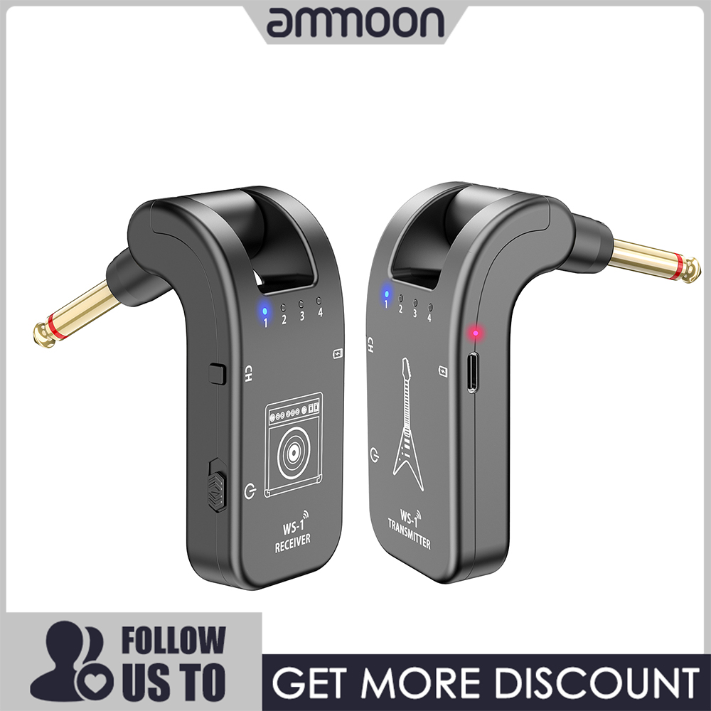 [ammoon]WS-1 2.4GHz Wireless Guitar System Rechargeable Audio Transmitter and Receiver 4 Channels 30m Transmission 282º Rotatable Head 5H Endurance for Electric Guitar Bass Violin