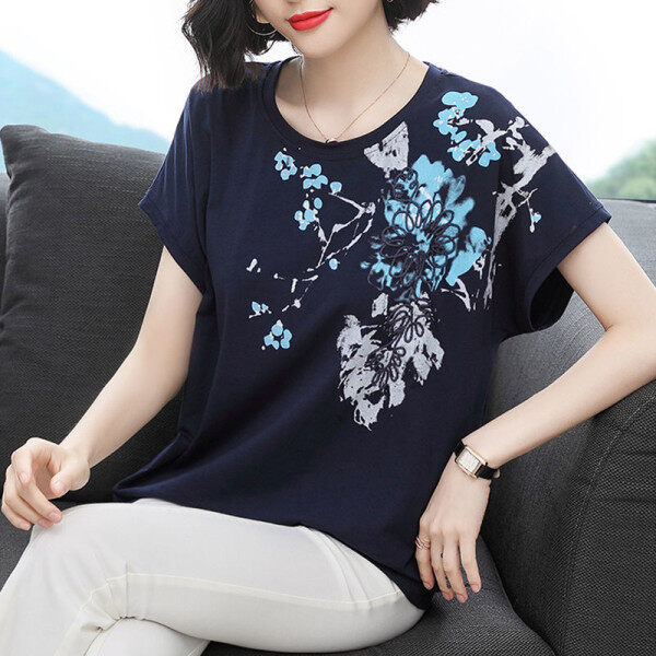 100%Cotton plus size floral print short sleeve t-shirts women summer loose 100kg Fat female round neck tops fashion Bat shirt