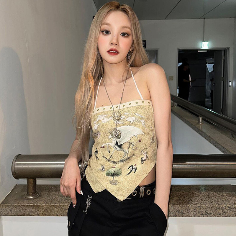 Summer Halter Tank Tops for Women Sleeveless Totem Print Asymmetrical Camisole Tie Knot Back Tops