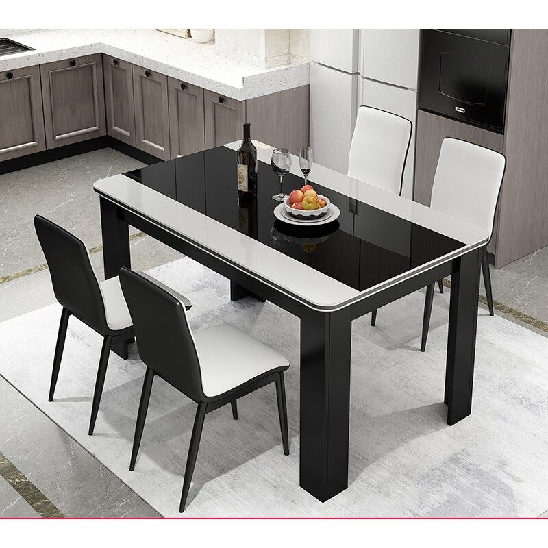 Bộ bàn ăn cao cấp đen trắng mẫu 120x70cm kèm 4 ghế da - Bộ bàn ăn 4 ghế, bộ bàn 4 ghế mặt kính cao cấp, bàn ăn cơm, bàn ghế ăn cơm, bàn ghế cao cấp