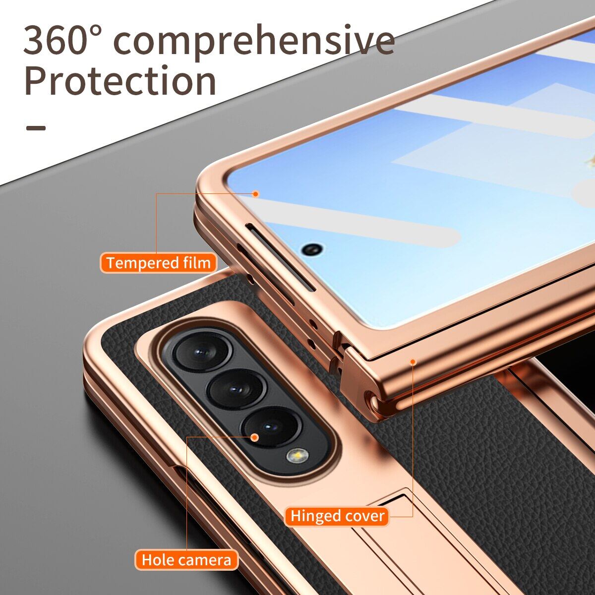 [With Pen+Screen Film] FLOVEME Plating Lychee Pattern Phone Case For Samsung Galaxy Z Fold 4 Fold 3 5G Hinge Protection With Front Screen Glass Film Stand Holder Back Cover For Galaxy Z Fold 4 Fold 3