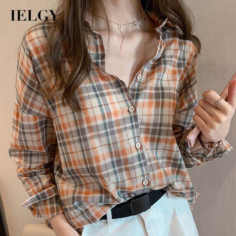 IELGY Women's clothes fashion long-sleeved loose shirt casual sun protection all-match retro plaid
