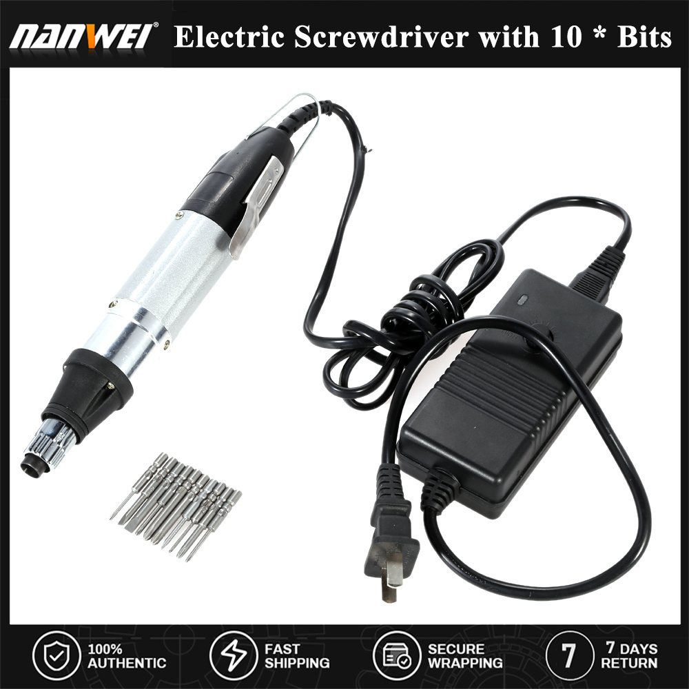 Nanwei ac110v-220v high quality dc powered electric screwdriver with 10pcs bits stepless speed regulation repair tool