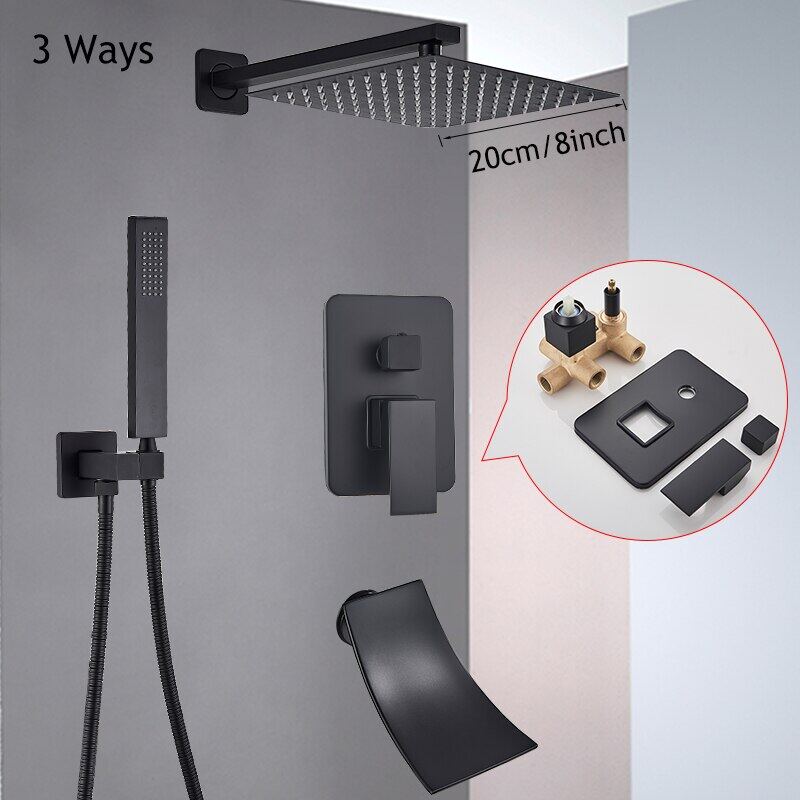 Black Shower Faucet Set Rain Shower Head Brass Shower Faucet Concealed ...