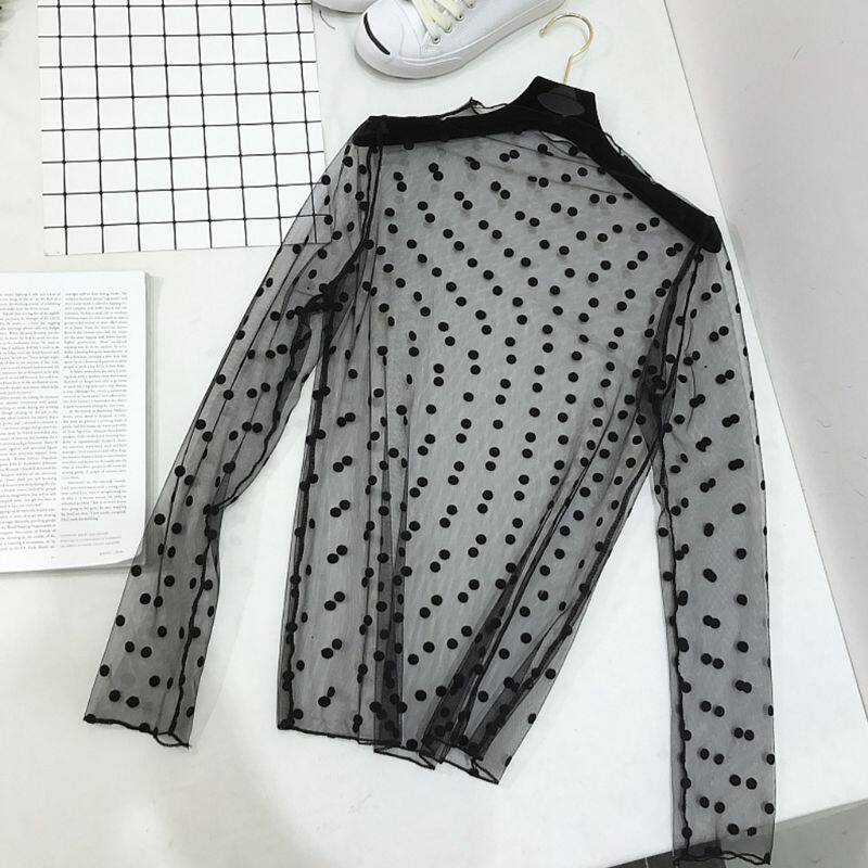 Áo Sơ Mi Nữ Mặc Lót Lưới Xuyên Thấu Cơ Bản Mùa Xuân, Áo Chui Đầu Sọc Bông Tuyết Ren Khoét Lỗ Lấp Lánh Áo Cánh Dài Tay Dáng Ôm Cổ Giả 7 Phong Cách