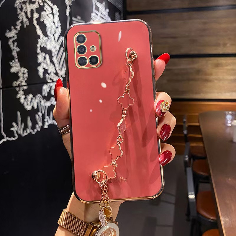 AnDyH Straight Edge Plating Phone case For Samsung Galaxy A51 casing,Precise Camera Protection cases Cute girl style cover with Four leaf clover bracelet