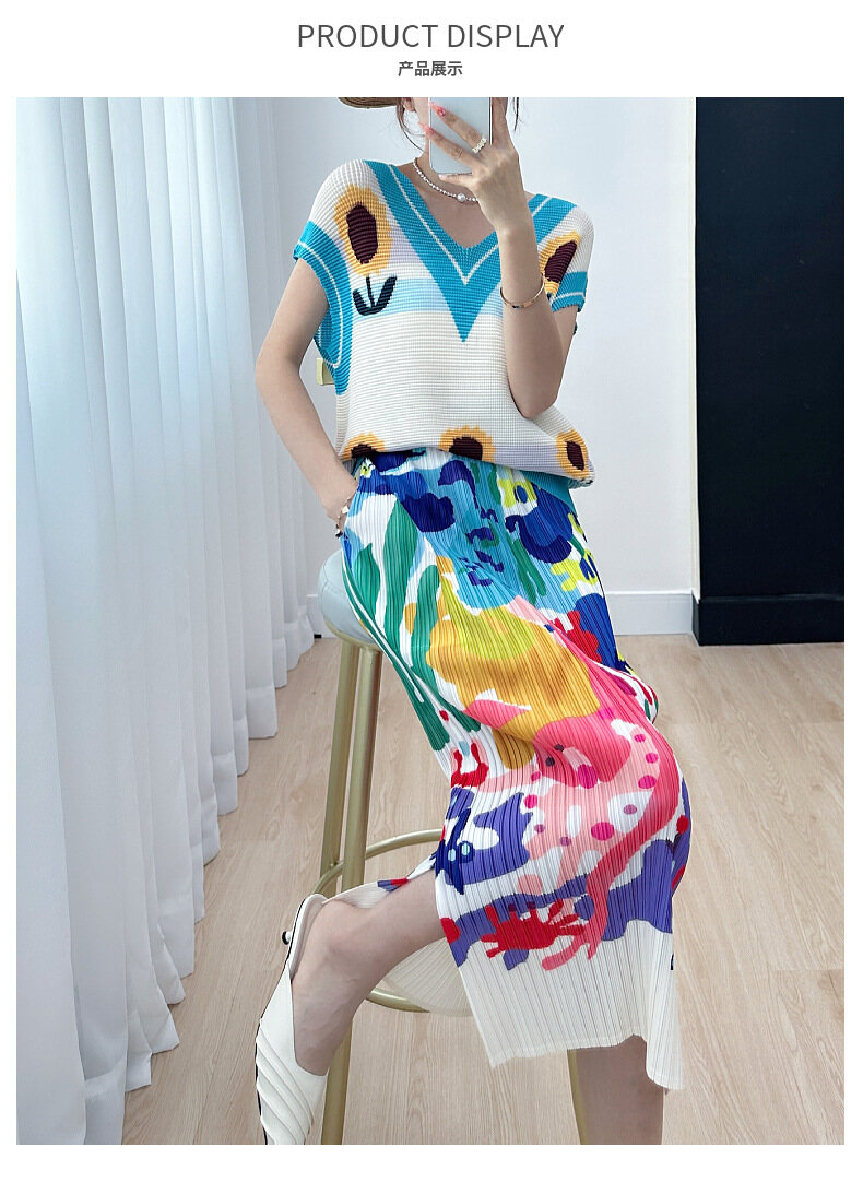 Women's New Printed Split Casual Pleated Skirt