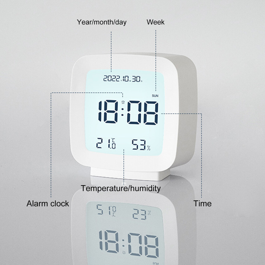 Digital Alarm Clock Temperature Humidity Calendar Week Backlight Desktop Electronic Clock 12/24H Bedside LED Clock