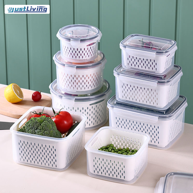 JustLiving Kitchen Sealed Fresh-keeping Box with Drain Basket Thickened Food Grade PP Sealed Food Storage Box Snap Lock Type Vegetable Storage Container Set Kitchen Refrigerator Organizers