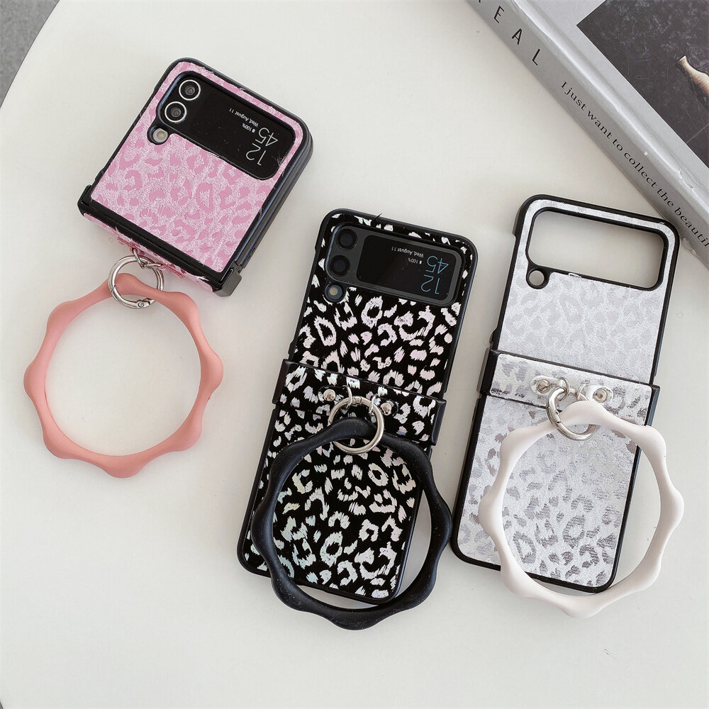 Dành Cho Samsung Galaxy Z Flip 4 Z Flip 3 Z Flip3 Z Flip4 Ốp Điện Thoại Gập Họa Tiết Da Báo Sang Trọng Cho Nữ 3 Trong 1 Vỏ Điện Thoại Chống Sốc Ốp Lưng Bằng Da Với Vòng Tay Tròn