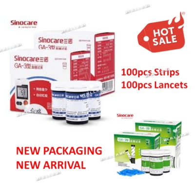 Sinocare 100pcs GA-3 Test Strips/ Free 100pcs Lancets for all GA-3 Glucose monitor/Meter ALAT CHECK BACAAN GULA/KENCING MANIS