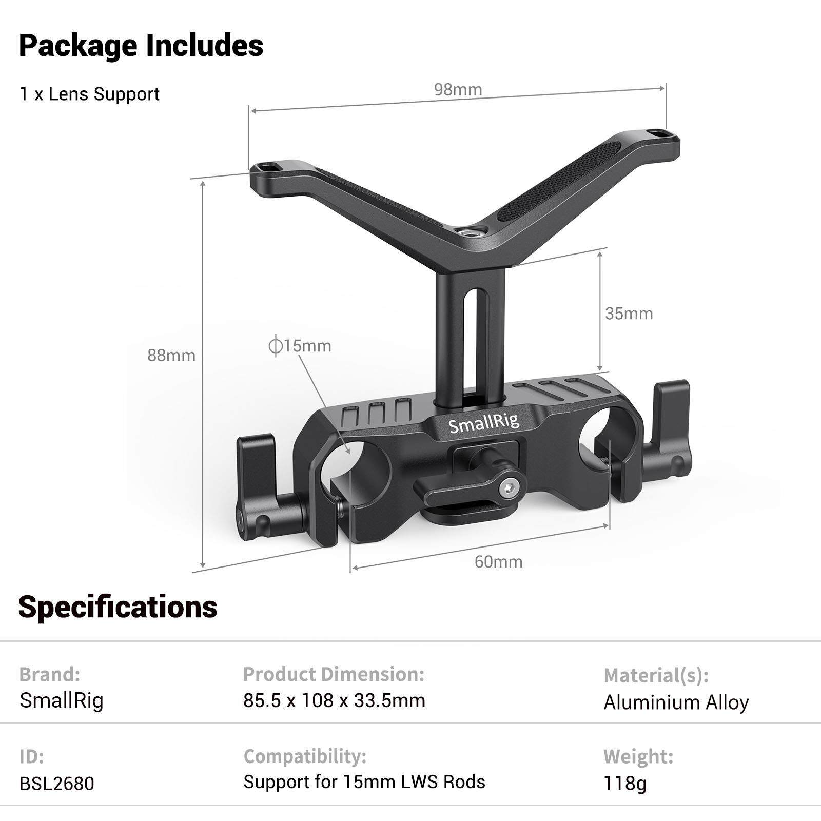 SmallRig Giá đỡ ống kính đa năng có phạm vi điều chỉnh chiều cao 34,5mm cho thanh LWS 15mm dành cho ống kính máy ảnh DSLR không gương lật BSL2680