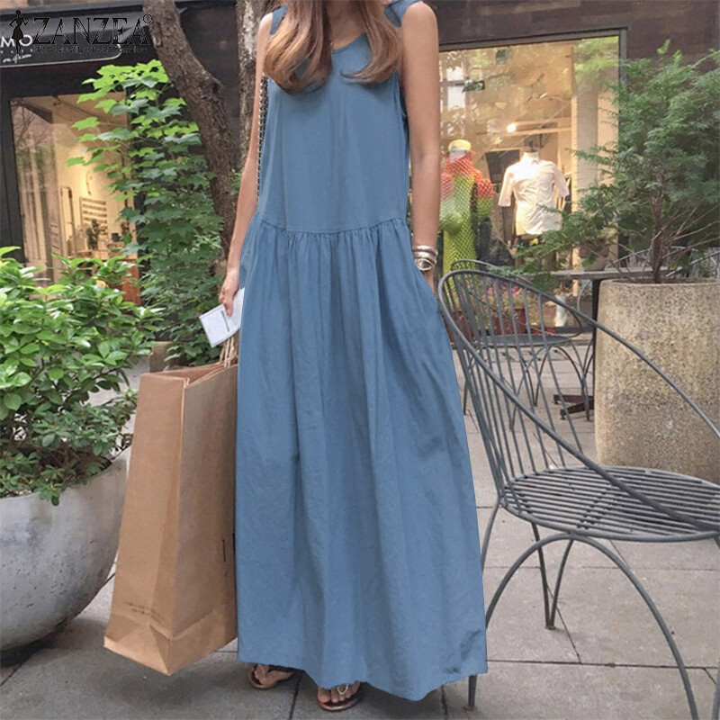 ZANZEA Women Summer Denim Tank Maxi Dress O-Neck Casual Sleeveless Sundress