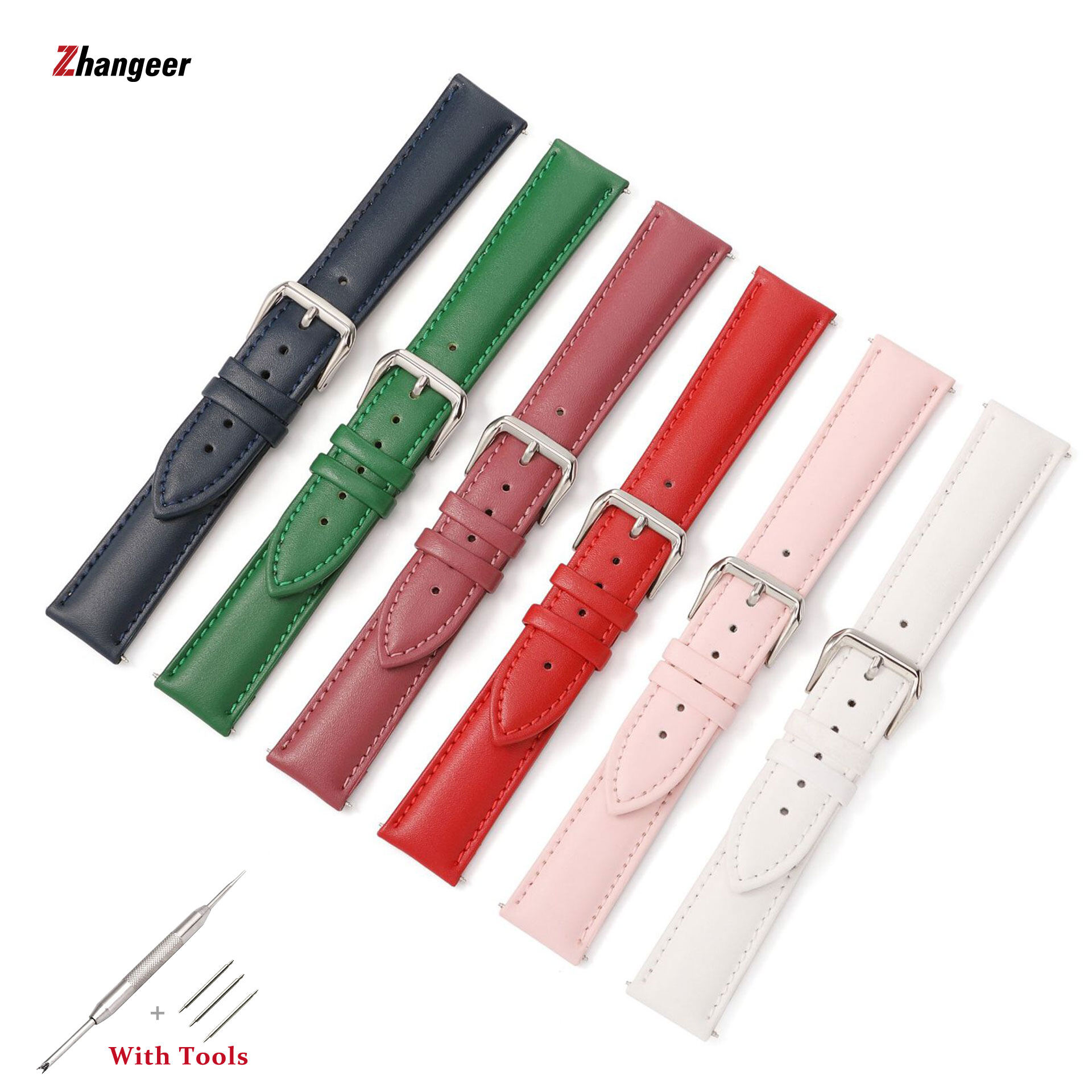 zhangeer 10mm 12mm 14mm 16mm 18mm 20mm 22mm24mm Premium Genuine Leather Plain Weave Strap Watch Accessories Men Women Pin Buckle Watchband Bracelet Wristband pink green red blue white purple belt With Tools