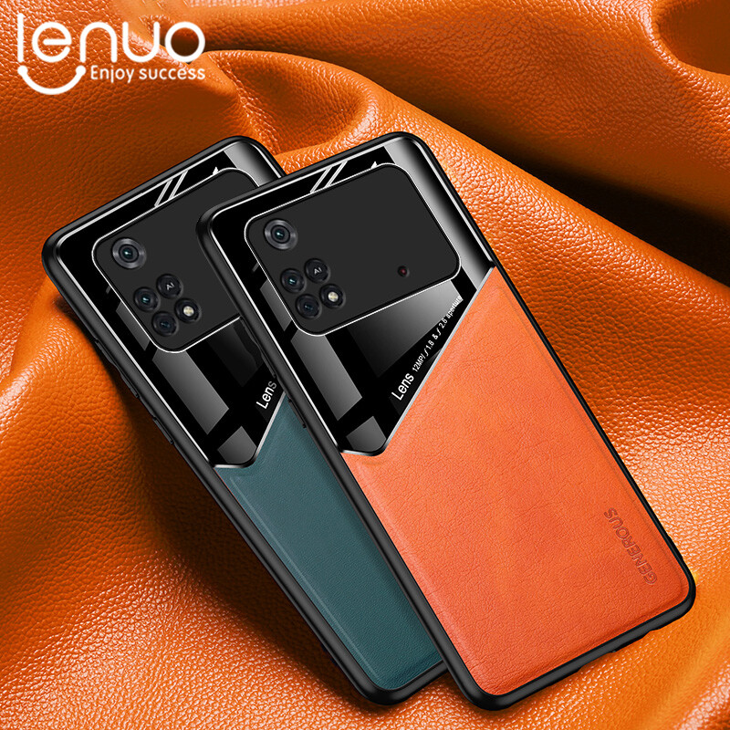 Lenuo For Xiaomi Poco M4 Pro 4G Case Leather Texture Car Magnetic Holder Back Cover Soft Silicon Frame Shockproof Coque Casing
