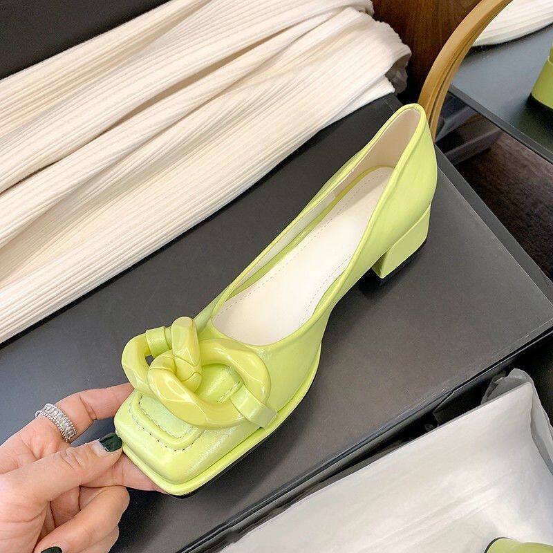 Huilm, Women's High Heel Heel 3cm High 2024 New Spring Square Head Shallow Mouth Medium Heel Thick Heel Party Shoes Metal Chain Office Shoes