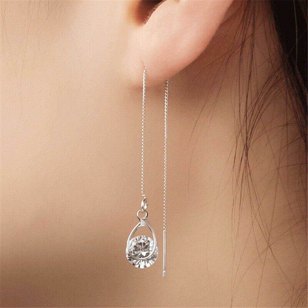 Elegant Long Drop Earrings Women 925 Silver,Gold White Sapphire Jewelry A Pair