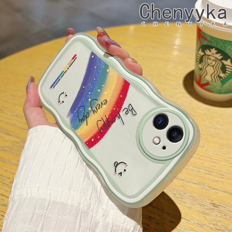 chenyyka Casing For iPhone 14 Pro Max 14 PLUS 13 Pro Max 13 Mini Case Cartoon Rainbow Smile Pattern Wave Border Soft Clear Shockproof Phone Cases Creative Camera Transparent Casing Silica Gel Protective Cover