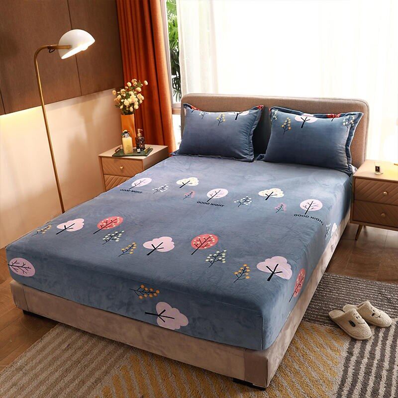 Bed Cover With Elastic Bed Sheet Queen Size Gray Color Flannel Fitted Sheets Four Corners With Elastic Band