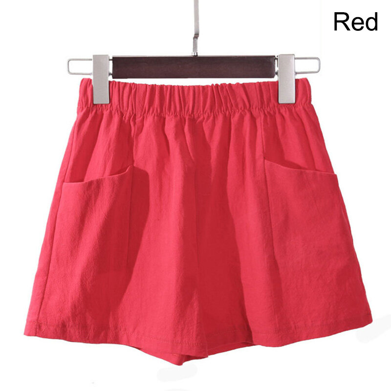 Women Loose Shorts Summer Elastic Waist Cotton Linen Solid Color Ladies Casual Pants
