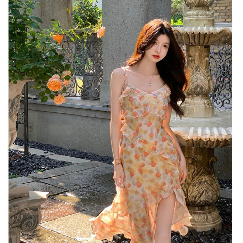 ELF TRIBE Print Floral Dress for Women Ruffle Asymmetric Strap Dress Elegant Mid-length Dress Niche Trendy