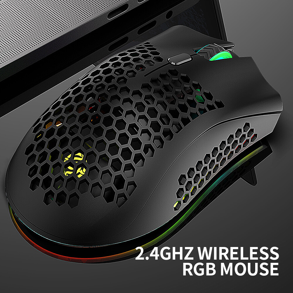 Chuột Chơi Game Không Dây 2.4G, Chuột Có Thể Sạc Lại Với Hiệu Ứng Ánh Sáng RGB 3 DPI Có Thể Điều Chỉnh Khoét Lỗ, Thiết Kế Tổ Ong Màu Đen