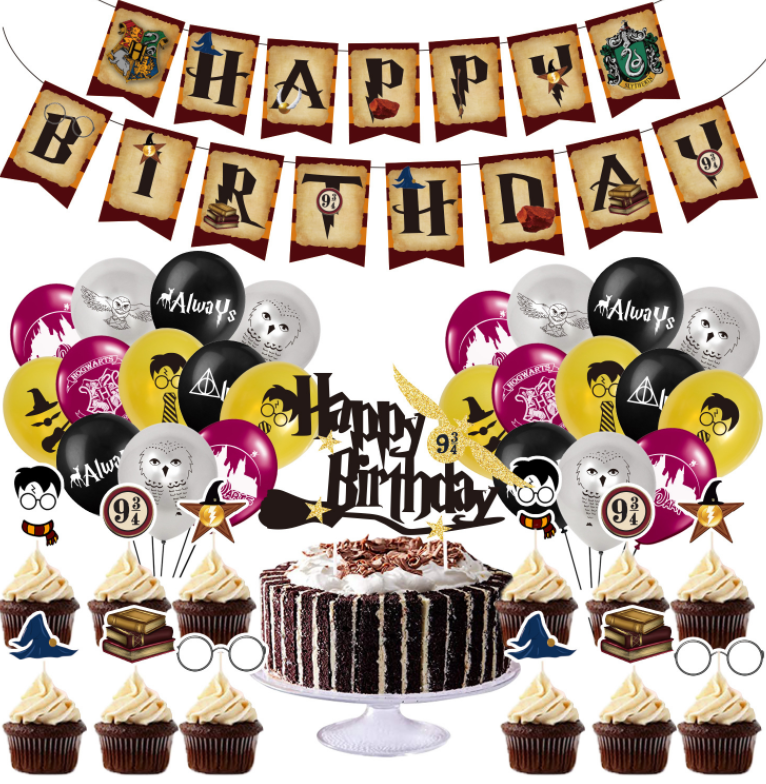 66pcs Harry Potter Theme Birthday Party Needs Decoration Balloon Set for Kids Boys Happy Birthday Banner Cake Card Decoration Supplies Package