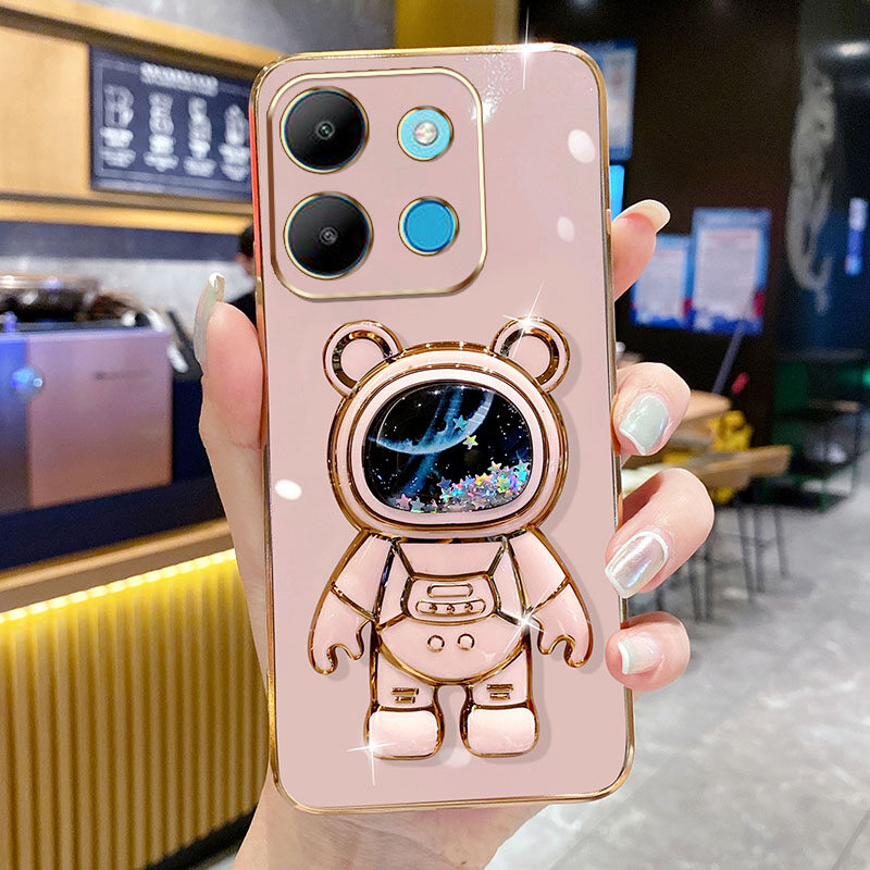 Ybd luxury electroplated mobile phone case for xiaomi poco m6 pro poco x6 neo redmi note 13 pro plus note 13 pro+ 4g 5g with sequins quicksand astronaut bracket