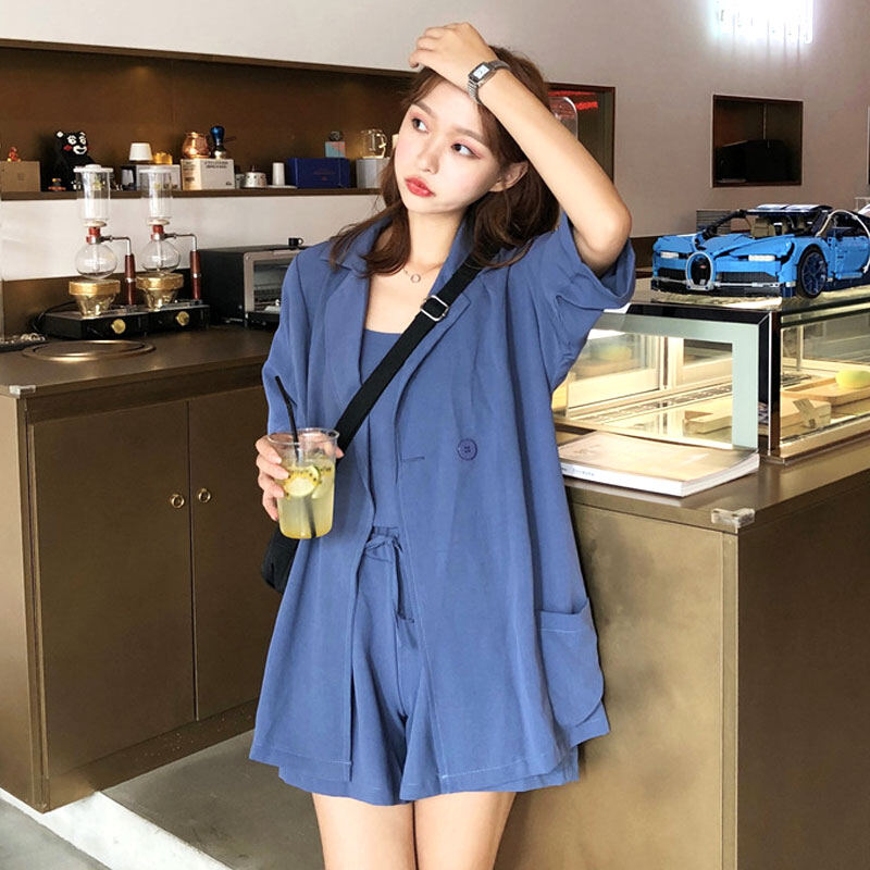 RULINWOODS 3Pcs Set quần áo bông nữ [Blazer+Tops+Shorts}
