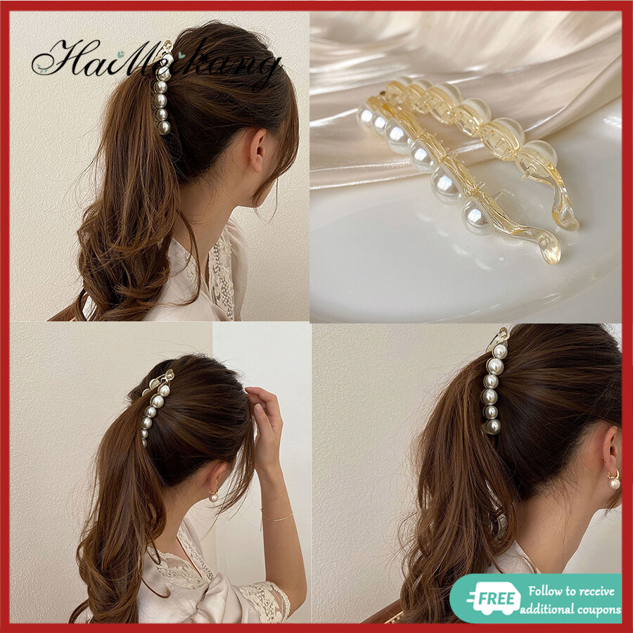2021 New Pearl Banana Clip Korean Sweet Fairy Bangs Broken Clip Retro Belt Pearl Clip Out All-match Bangs Top Clip Clip Head Jewelry