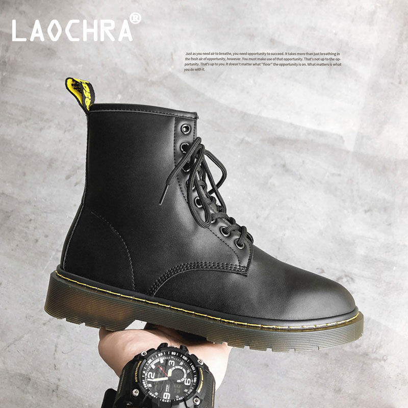 LAOCHRA Fashion Unisex Boots For Men Leather High Cut Ankle Boots Black Casual Shoes Men Flats Men Shoes Martin Boots Big Size 35-45 Couple Shoes