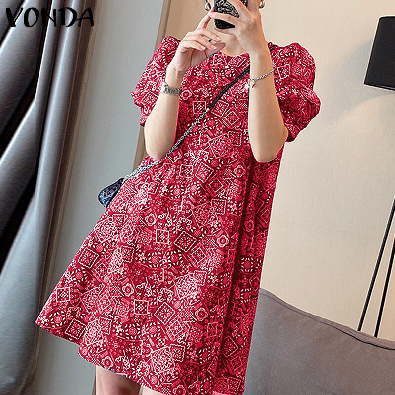 VONDA Women's Fashion Crew Neck Puff Sleeve Floral Printed A-Line Mini Dresses