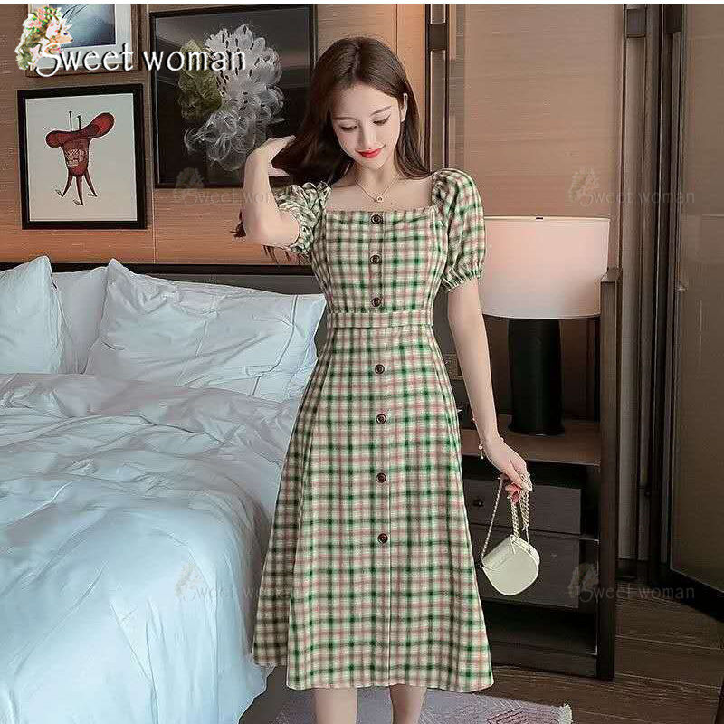 【SW】Square collar plaid puff sleeve temperament fashion waist French retro knee-length dress