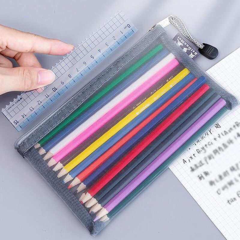 【ZNBY】Simple large-capacity transparent mesh pencil case Portable pencil case Pen case Large-capacity stationery bag