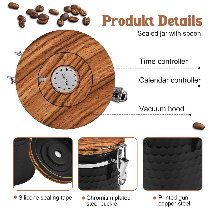 Airtight Coffee Canister With Vacuum Lid (Coffee Tea Container, Stainless Steel Storage Tin, Storage Jar Matte Black (1800ml))